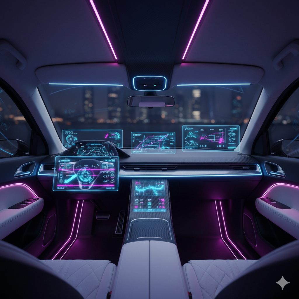 Concept art of an autonomous vehicle interior, sleek dashboard, holographic displays, hyperrealistic, neon lights reflecting, no human, no woman